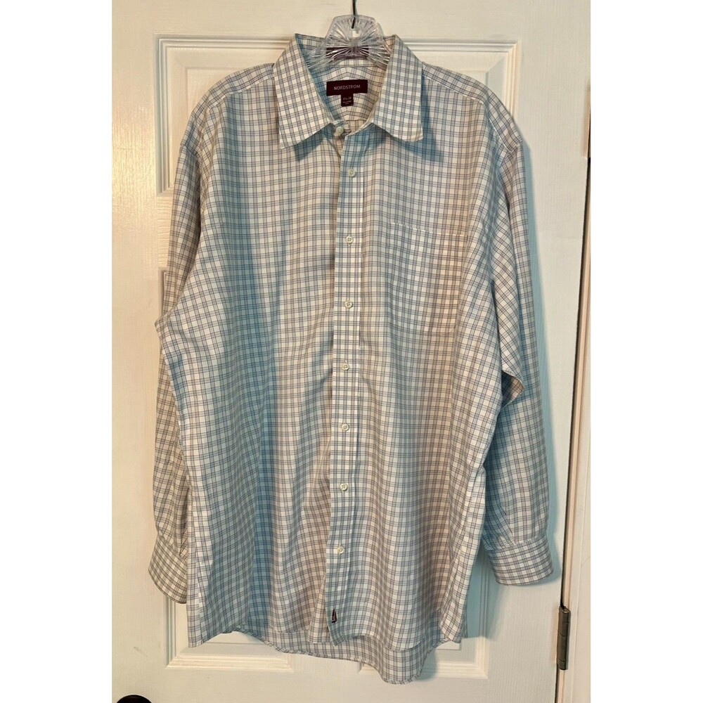 Nordstrom Dress Shirt Mens 17.5 34 Tailored Fit White Blue Windowpane Grid Plaid